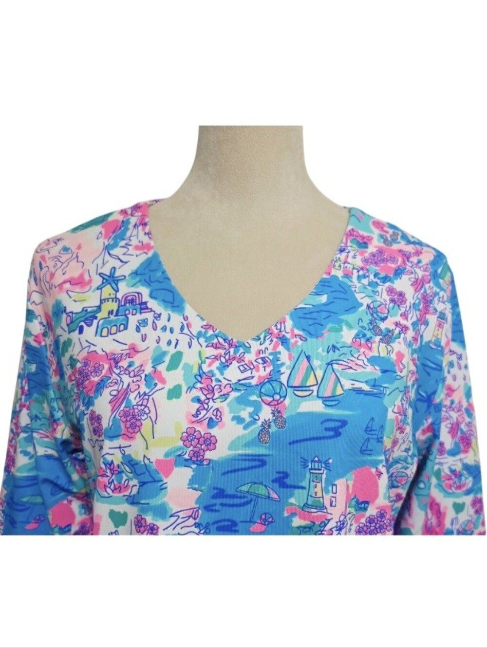 Lulu-B Women Size Large UPF 50+ Cooling Top 3/4 Sleeve V Neck Coastal Print NWT - Picture 3 of 14